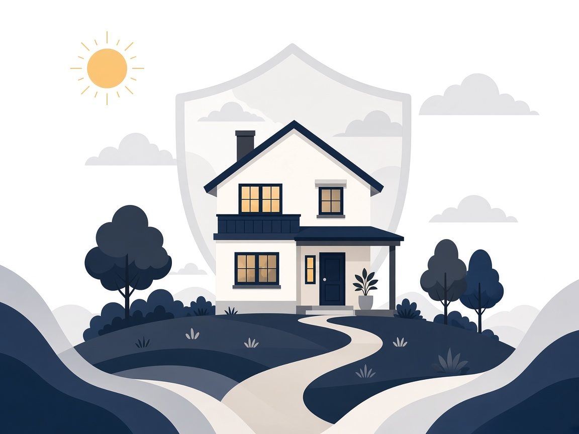 Illustration of a house on a hill in front of a large shield